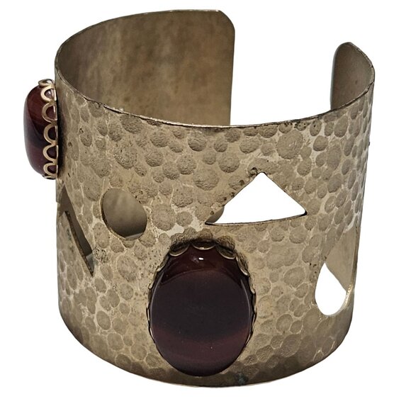 Vintage Hammered Copper Cuff Bracelet Red Stones Geometric Cutouts Boho Chic - Picture 2 of 7